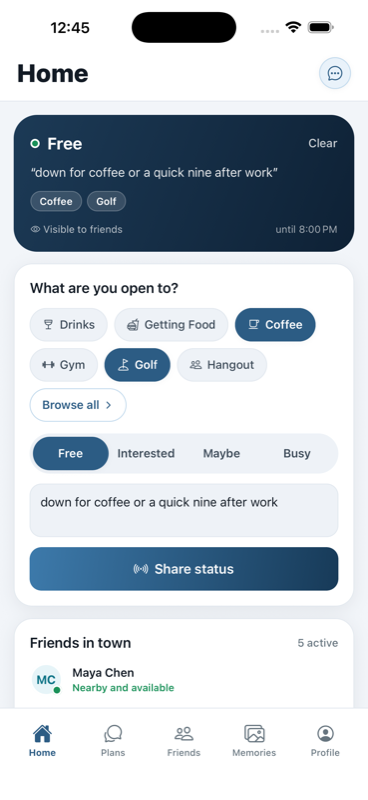 Rovvy home screen showing your status and which friends are in town and available